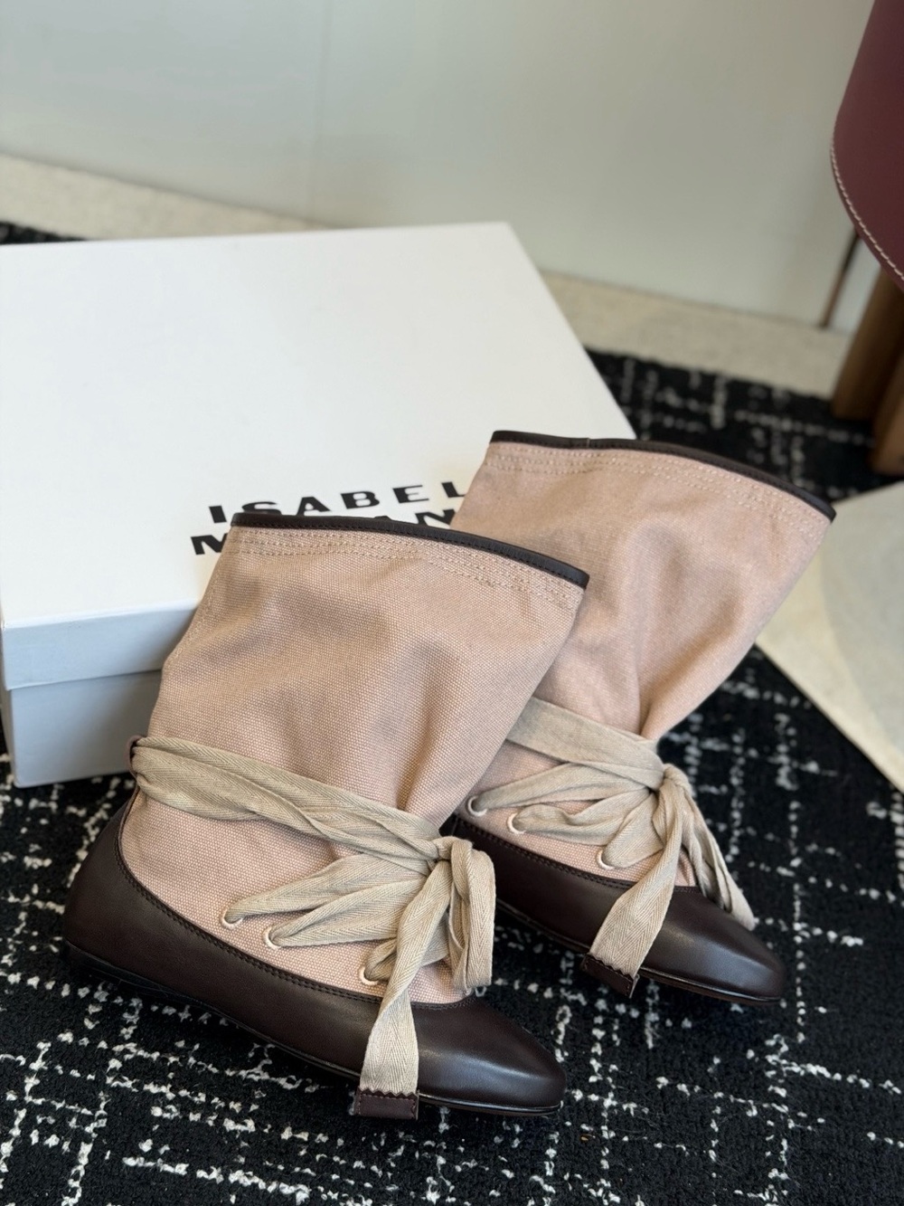 Isabel Marant Two-Tone Beige Canvas and Dark Brown Leather Ankle Wrap Boots - Picture 6 of 8